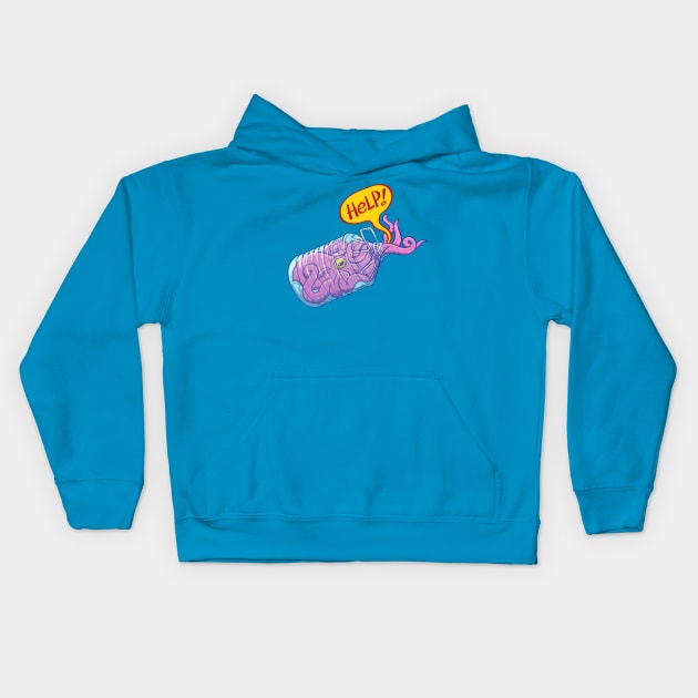 Worried octopus inside a plastic bottle asking for help Kids Hoodie by zooco